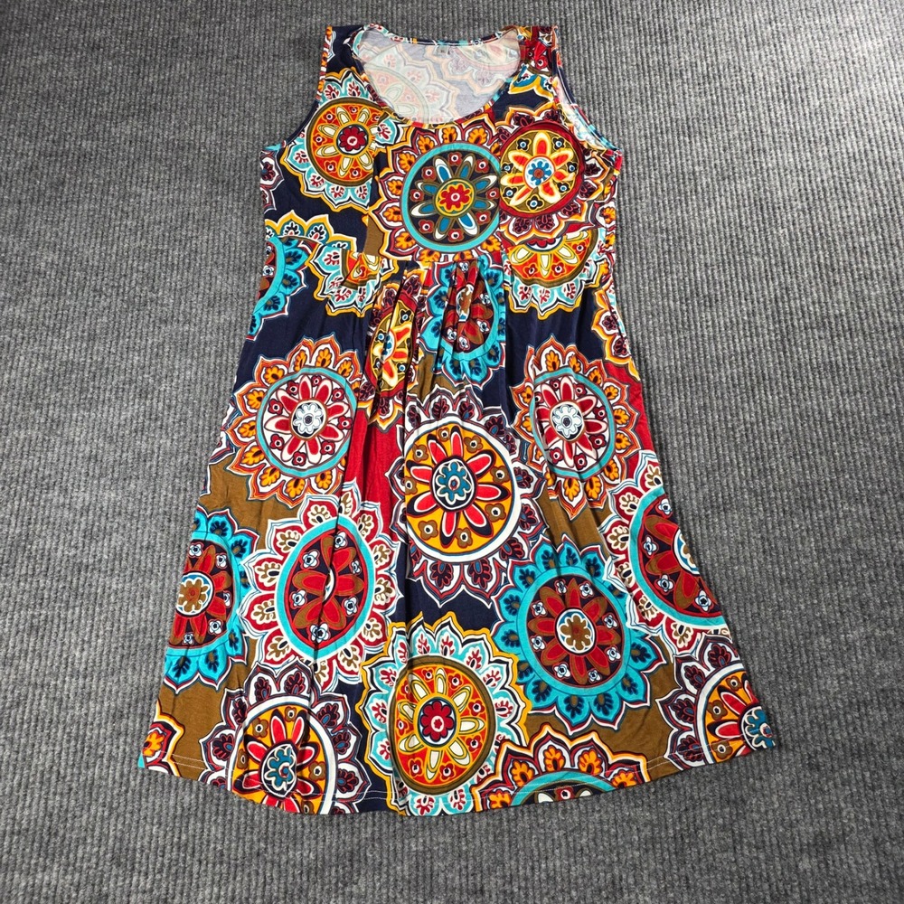 Womens Mandala Floral Medallion Sleeveless Swing Dress XL Red Blue Rayon Stretch